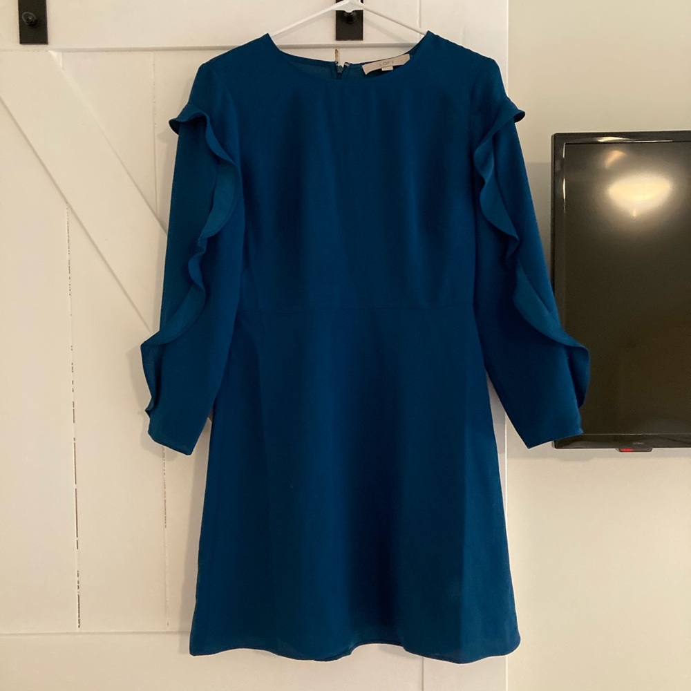 LOFT RUFFLE SLEEVE DRESS TEAL